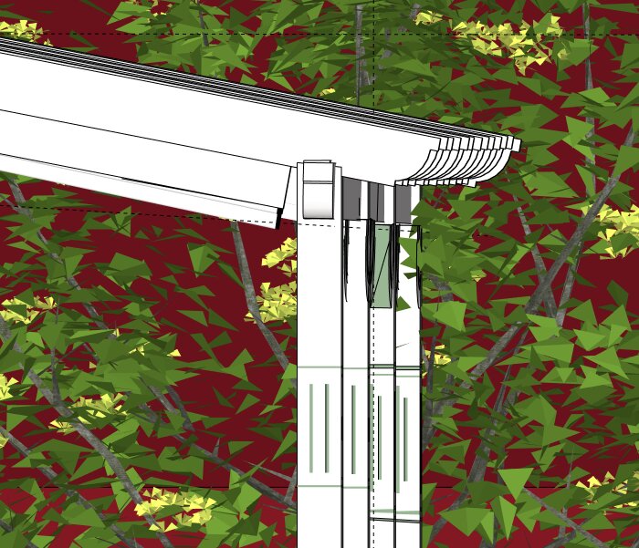 En teknisk ritning visar montering av en överliggare på en stolpe mot en grön och röd bakgrund med lövverk.