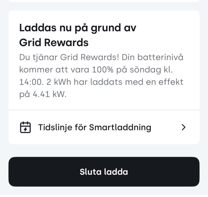 Skärmvisning av ett laddningsprogram för elbil med Grid Rewards, visar laddningsstatus och tidslinje för smartladdning.