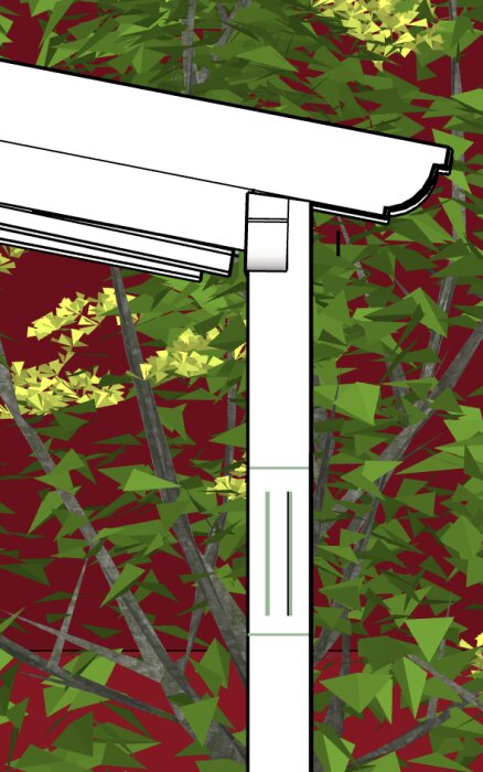 Avfasad överliggare och stolpe, designad för vattenavrinning, med träd och löv i bakgrunden.