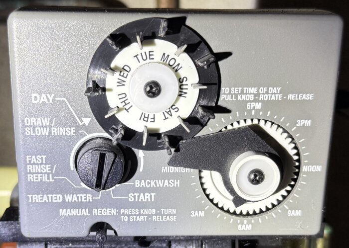 Närbild på en urtavla och manöverpanel för ett vattensystem med vred som indikerar processer som backwash och treated water.