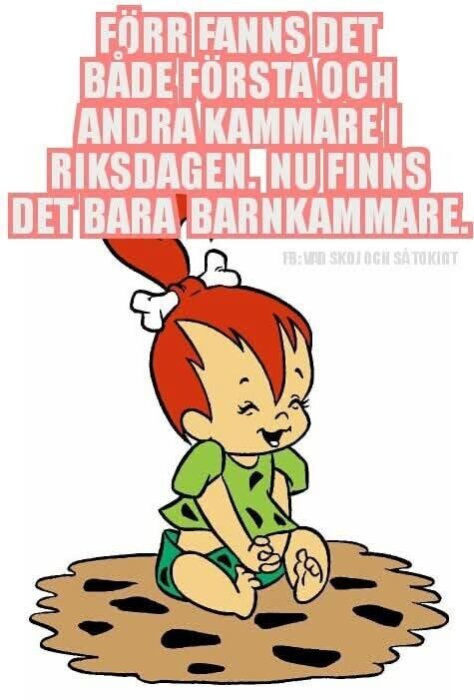 Tecknad figur i förtidskläder sitter på marken med text om riksdagens kamrar ovanför.