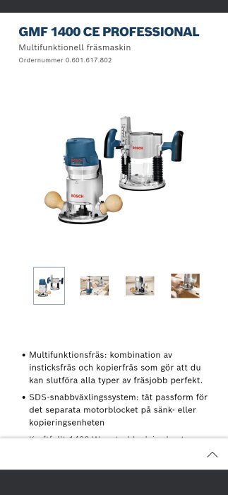 Bild av Bosch GMF 1400 CE Professional, en multifunktionell fräsmaskin med handtag och träknoppar, samt några små bilder av fräsens användning.