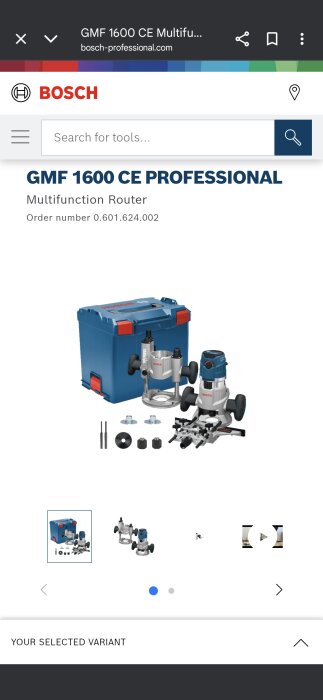 Bosch GMF 1600 CE multirouter med tillbehör bredvid en blå Bosch-förvaringsväska.