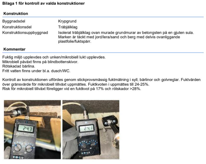 Fuktkvotsmätare visar 24,3% i krypgrundens bärlina, del av besiktningsprotokoll för sommarstuga. Mikrobiell tillväxt och rötskada indikerad.