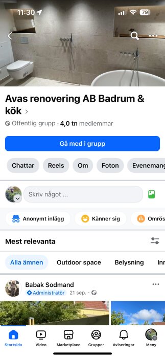 En Facebook-gruppsida för "Avas renovering AB Badrum & kök" med 4,0 tn medlemmar visas.
