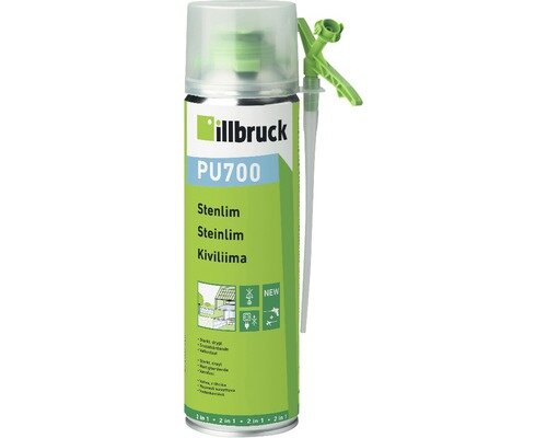 Sprayburk med stenlim, märkt "PU700" från Illbruck, med grön etikett och tillhörande appliceringsmunstycke.