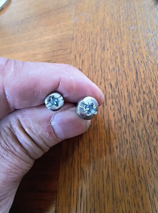 Två skruvar hålls mellan fingrarna, den vänstra med Philips-huvud och den högra med Pozidriv-huvud, mot en träbakgrund.