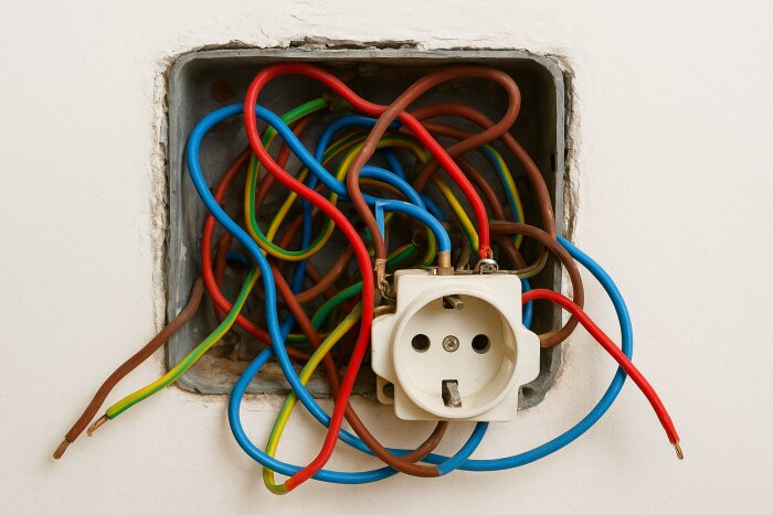 Eluttag med många färgglada sladdar i en vägg, som ser rörigt och osäkert ut.