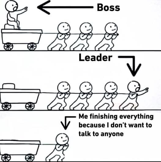 Tecknad serie av tre scenarier: "Boss" sitter medan arbetarna drar, "Leader" leder och drar med arbetarna, och en person drar ensam för att undvika social kontakt.