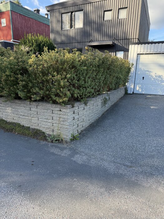 Hus med träfasad och dubbelgarage, en stödmur med häck ovanpå gränsar mot trottoar, motsvarar inläggets beskrivning av tomtens läge och altanplaner.