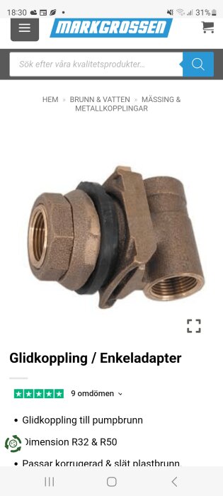 Glidkoppling/enkledadaptern i mässing med svart tätning och gängad öppning, dimension R32 & R50, för pumpbrunnar, visas i en produktbild.