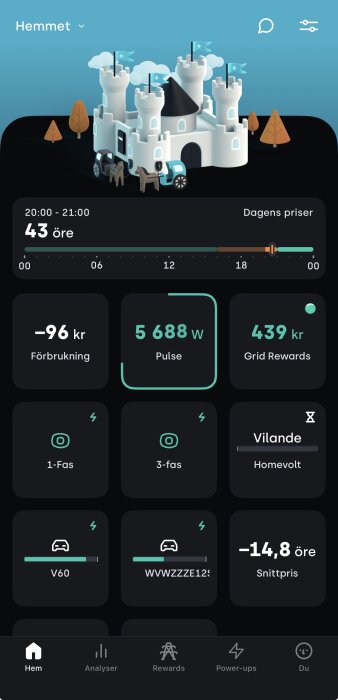 Visar en appskärm med energiförbrukning och laddningsstatus för två bilar, V60 och en annan med regnummer WWVZZZE123, samt prisinformation.