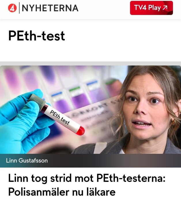 Testtube märkt med "PEth test" i en handskbeklädd hand framför en kvinna som pratar, bakgrund med färgade fält.