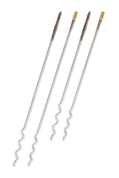 Fyra renoveringskramlor för montering i skalmurar, med gängade ändar och vågformade stänger.