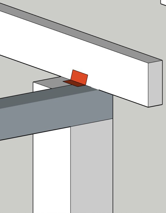 Illustration av en konstruktion med balkar i 90 graders vinkel, förstärkta med en röd stödplatta.