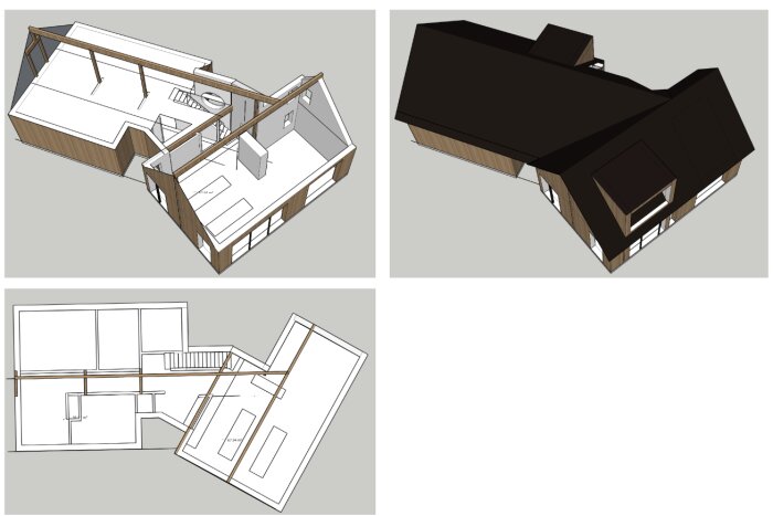 3D-renderad skiss av ett hus med öppen planlösning, social yta med synliga takbjälkar, detalj av placering av högskåp och skjutdörrar.