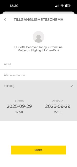 Skärmbild av tillgänglighetsschema där Jonny och Christina Mattsson ges åtkomst till ytterdörren tillfälligt, start 2025-09-29 kl. 12:50.