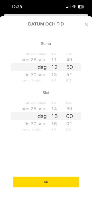 Bild av datum- och tidsväljare, där starttid är idag 12:50 och sluttid idag 15:00, med en gul "OK"-knapp längst ner.