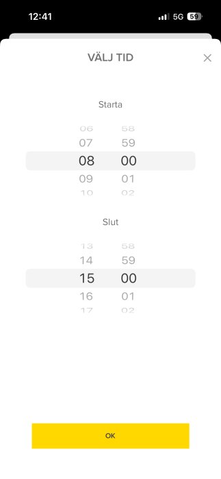 Tidsväljare med starttid kl. 08:00 och sluttid kl. 15:00 markerade. "OK"-knapp längst ner.