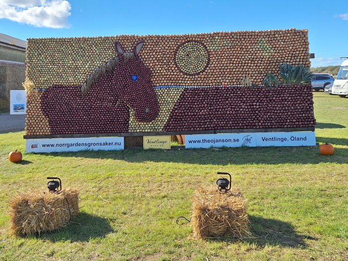 Mosaikkonst med en häst gjord av lök och vitlök på höbalar, med reklam för www.norrgardensgronsaker.nu i Öland.