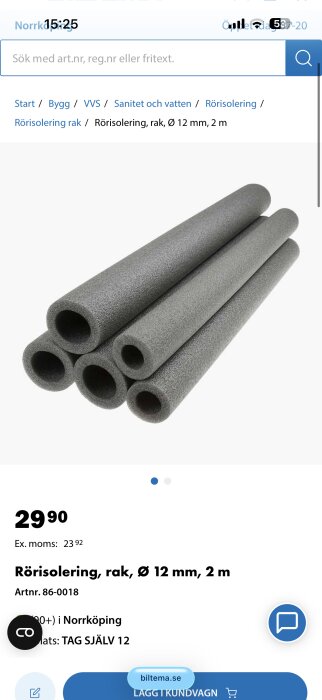 Grå rörisolering från Biltema, 12 mm i diameter, 2 m långa, visas med pris och artikelinformation på webbsidan.