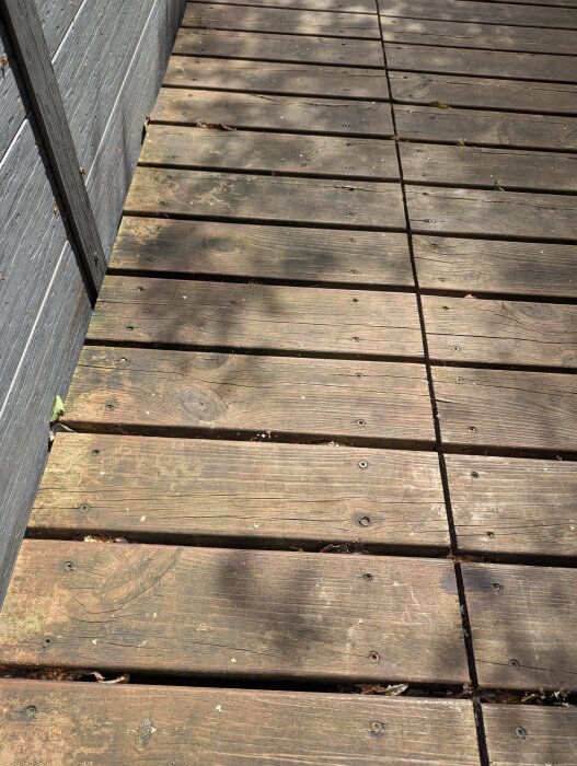 Trätrall på altan med lätt skuggning, synliga skruvar och brädor med viss missfärgning och algväxt.