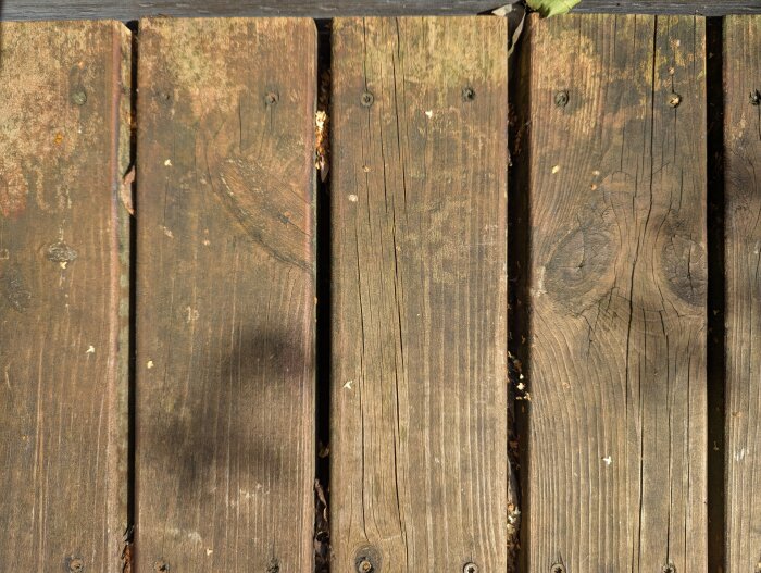 Bild av ett trädäck under tak, träet är slitet med rinnmärken och algväxt, vilket indikerar behov av behandling och underhåll.