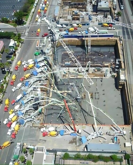 Luftfoto av en storskalig byggarbetsplats med betongbilar och kranar i arbete.