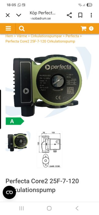 Cirkulationspump Perfecta Core2 25F-7-120 med specifikationer och dimensioner, sida vid sida med linjeteckning av produktens mått.