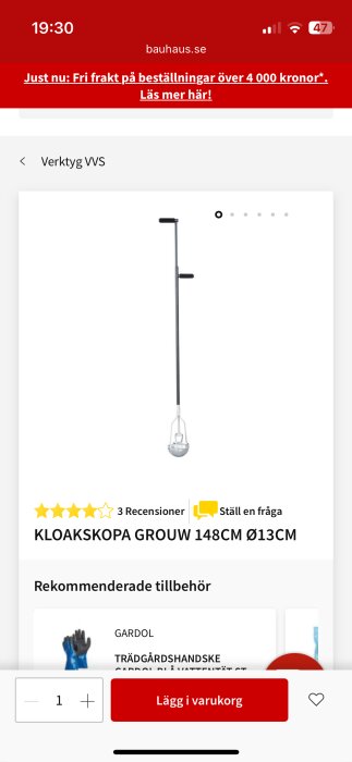 Kloakskopa från Bauhaus, märket Grouw, längd 148 cm, diameter 13 cm, visas på en produktbild med vita marginaler och röda Bauhaus-logotypen.