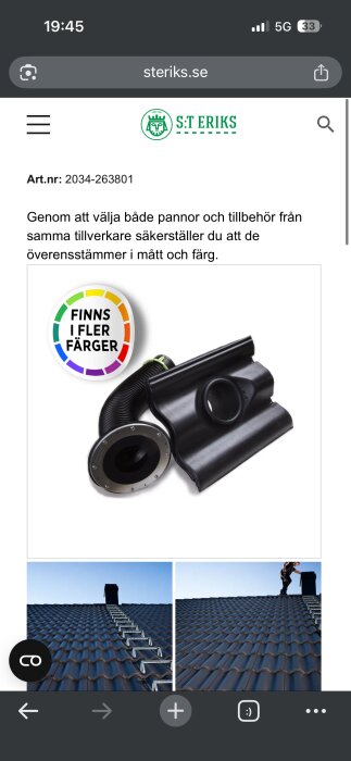 Takpanna med flexibel slang och genomföring, finns i flera färger, från S:T Eriks. Skorsten och stege syns också mot en blå himmel.