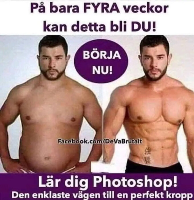 Före-och-efter-bild av en man som visar kroppstransformation påstås uppnås på fyra veckor med hjälp av Photoshop.