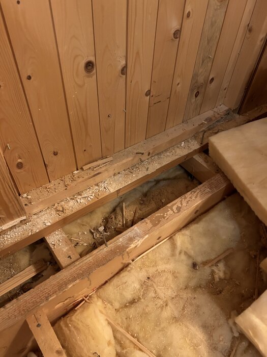 Träbjälklag med synliga reglar och isolering i ett pågående byggprojekt. Synlig träpanel på väggen.