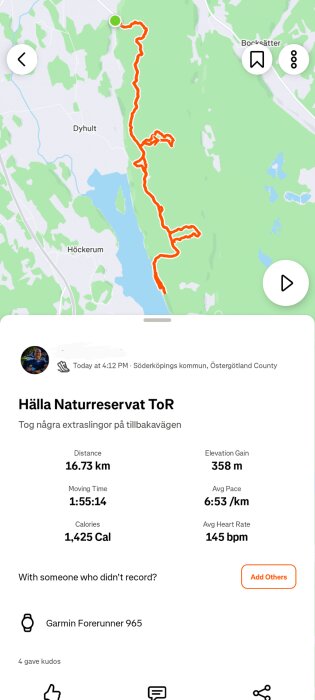 Karta över löprunda i Hälla naturreservat, Söderköping, med detaljer om distans 16,73 km, stigning 358 m, tid 1:55:14, och snitthastighet 6:53/km.