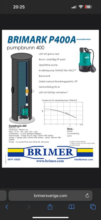 Brimark P400A pumpbrunn med WILO pump och specifikationer, idealisk för dränering av poolprojekt.
