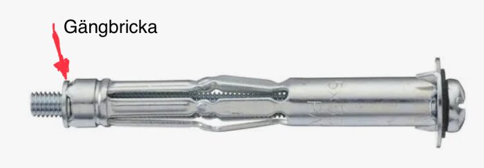 Expanderbult med texten "Gängbricka" och pil som pekar på gängdelen. Används för att skapa starka fästen i väggar eller tak.