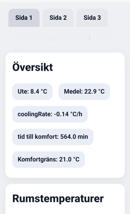 Skärmbild av renoveringsapp som visar utetemperatur 8.4 °C, innemedel 22.9 °C, kylningshastighet -0.14 °C/h, tid till komfort 564 minuter, komfortgräns 21.0 °C.