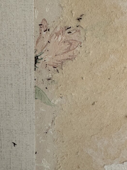 Vägg med tapetrester som flagnar och små mörka korn spridda över ytan. Del av blommönster syns under papperet.