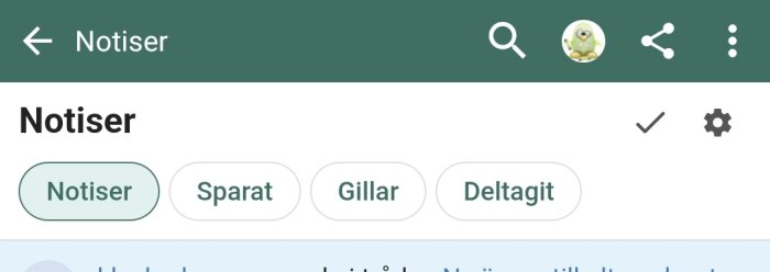 Användargränssnittet visar en sida med flikar för Notiser, Sparat, Gillar och Deltagit i en mobilapp.