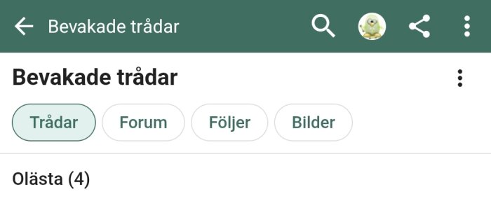 Skärmbild av en mobilapp som visar fliken "Bevakade trådar" med kategorier som Trådar, Forum, Följer och Bilder samt markeringen "Olästa (4)".