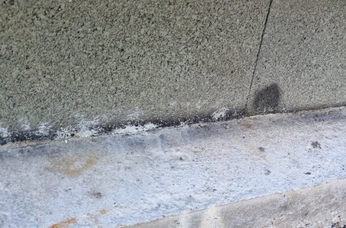 Närbild av en gjuten betongsula med grundmur i skalblock ovanpå. Mark vid basen och tecken på vattenskador.