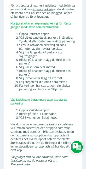 Guide för att betala parkering med Swish i Parkster-appen, inklusive steg för att starta expressparkering och välja Swish som betalmetod.