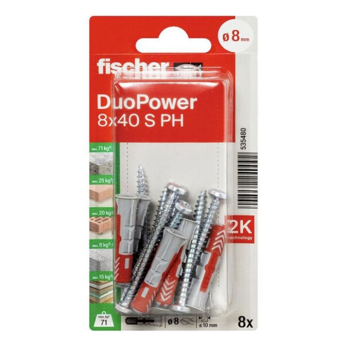 Förpackning med 8 Fischer DuoPower 8x40 mm plastplugg och skruvar för väggmontering, max belastning 71 kg.