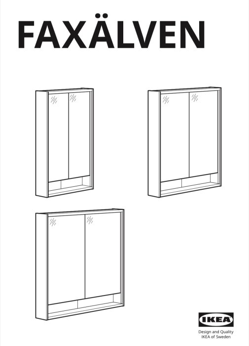 Illustration av Ikea's badrumsskåp Faxälven med spegeldörrar, sett från olika vinklar.