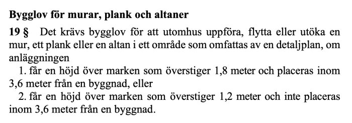 Text om bygglov för murar, plank och altaner, inklusive specifika höjd- och placeringsregler enligt detaljplan, paragraf 19.