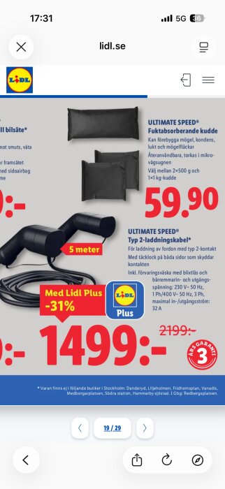 Lidl-reklam med prisavslag på en 5 meter lång Typ 2-laddningskabel för fordon, rabatterat till 1499 kr med Lidl Plus.