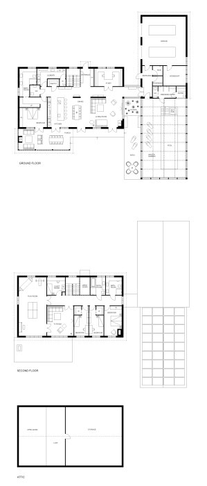 Arkitektonisk ritning av ett hus i två delar med en vinterträdgård som liknar ett växthus; visar grundplan, övervåning och vind.