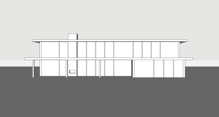 Ritat hus med en modern, rektangulär design och stora glaspartier, med en inbyggd vinterträdgård som en del av konstruktionen.