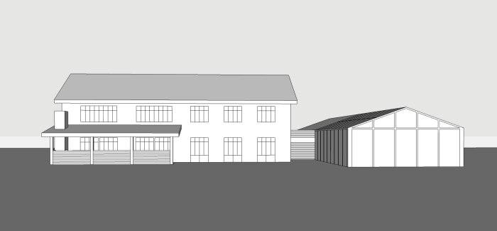Ett ritad hus i två delar; huvudhus med fönster och ansluten vinterträdgård.