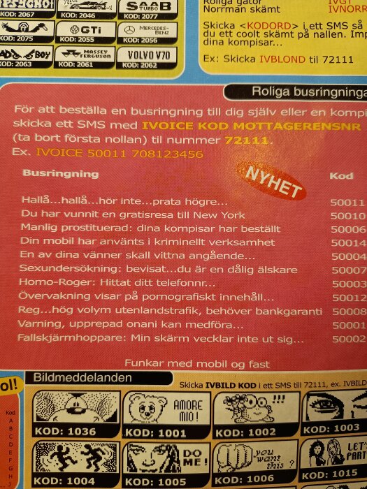 Annons från 2002 som erbjuder busringningar, med instruktioner om att beställa via SMS genom att skicka en kod till ett särskilt nummer.